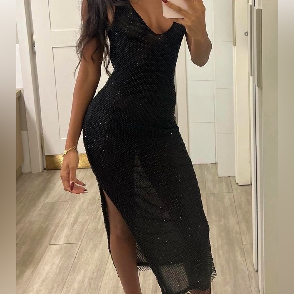 SLA THE LABEL black crystal deep v Midi Dress with Side Slit